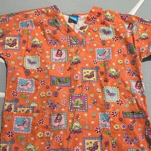 Women's Scrubs with Frog and Butterfly Print - Orange